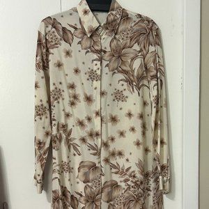 Long Sleeves Dress Midi long shirt  Beige cream Print Floral Size M